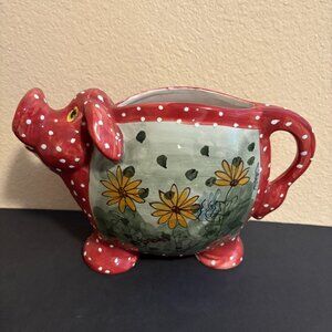 Ceramic White Polka Dots on Red and Flowers Cow Design Pitcher Planter